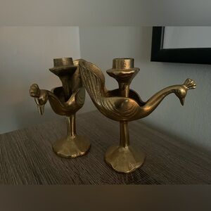 Pair of brass peacock candleholders